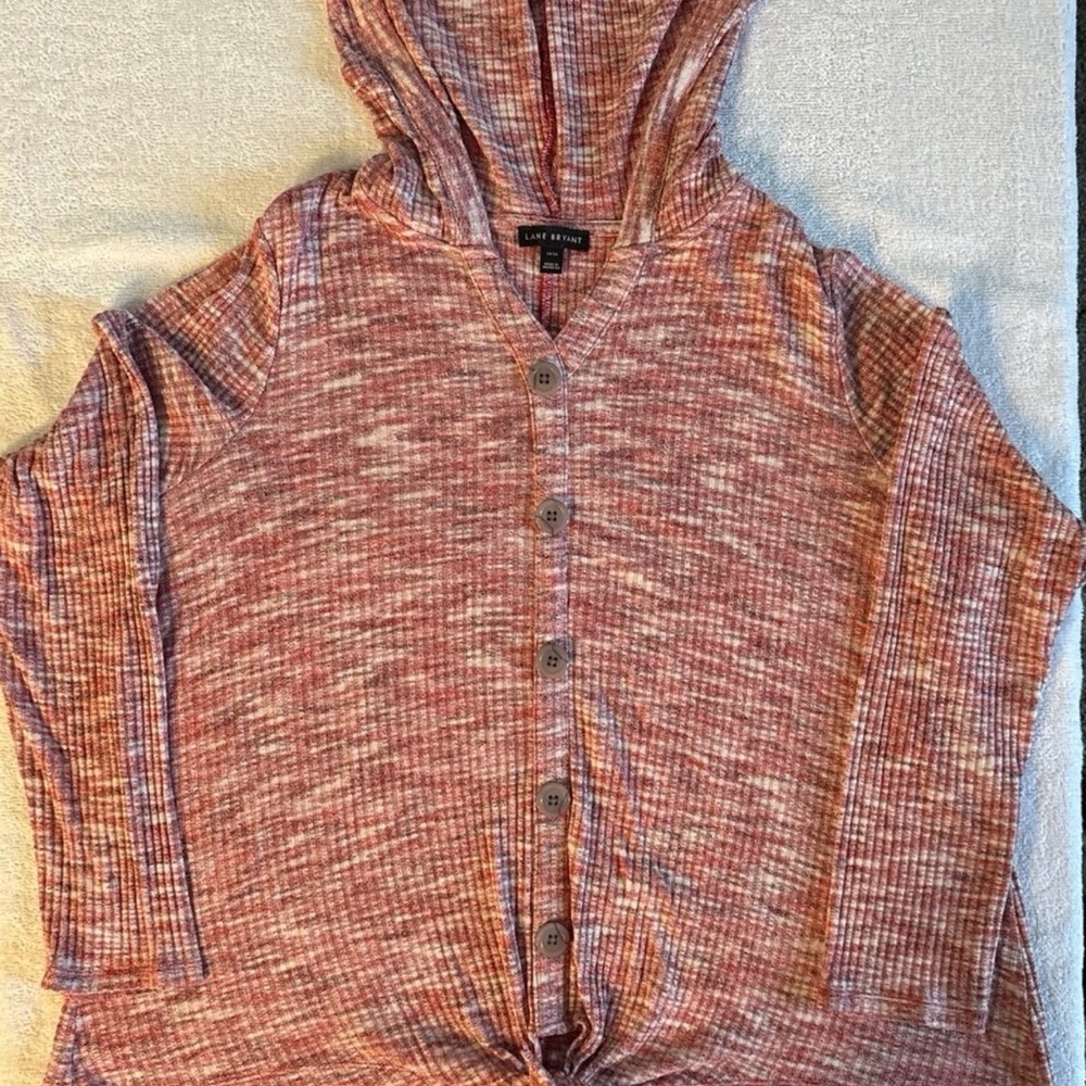 Lane Bryant Women’s Pink and White Plaid Hooded Cardigan